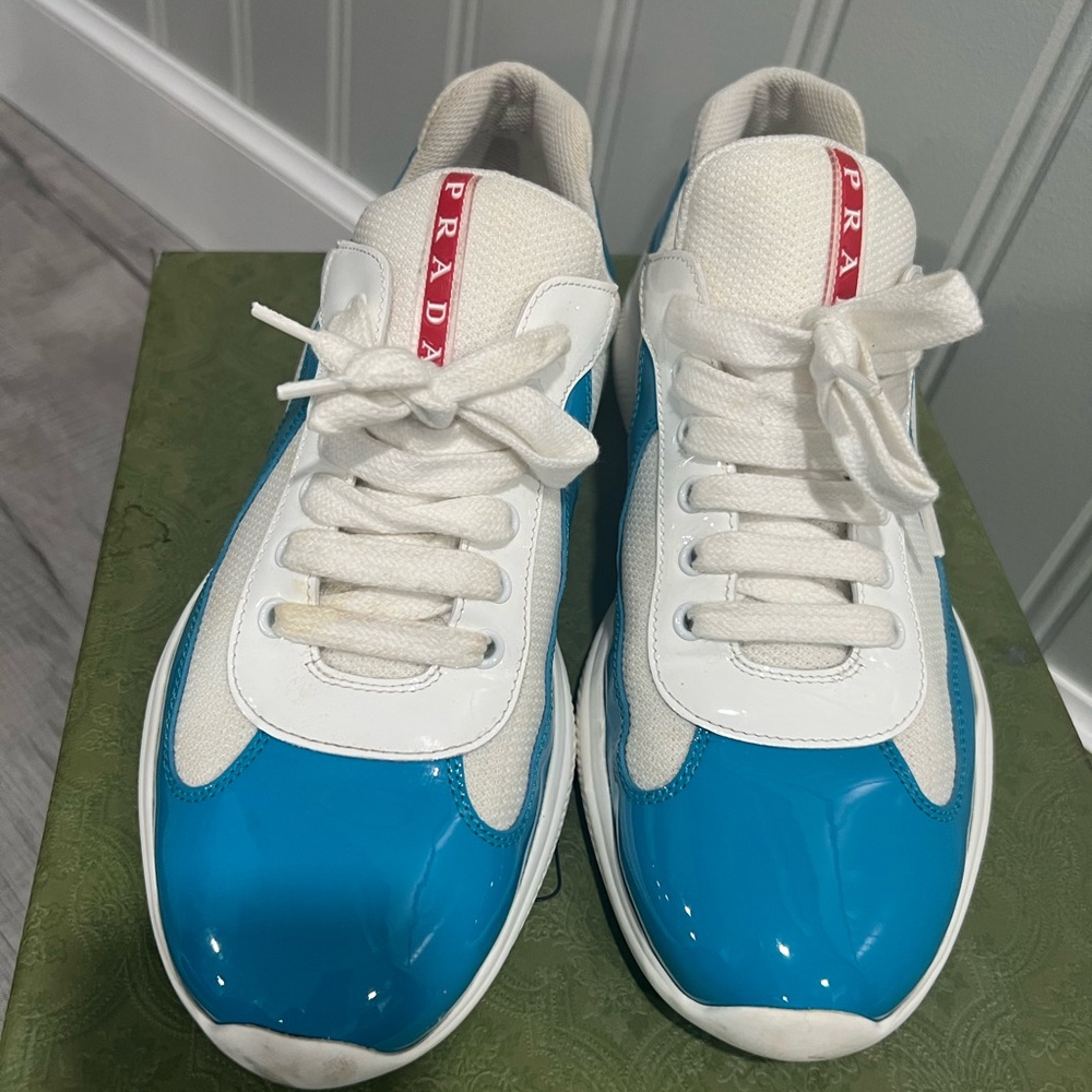 Prada Men's White and Blue Sneakers